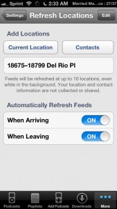 Automatically have Downcast check for new episodes on arriving or leaving a specific location.